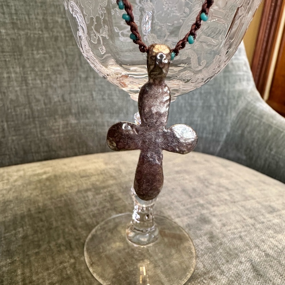 Boho Sundance Style Cross on hand crocheted necklace with turquoise beads